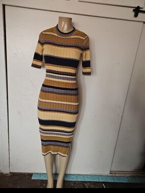 H&M Striped Midi Dress in Mustard, Navy, Cream, Gray
